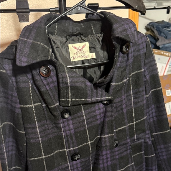 Faded Glory Black and Purple Plaid Pea Coat - Picture 3 of 4